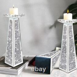 2 Piece Candlestick Holders for Holding Pillar Candles, Crystal Crushed Diamo