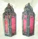 2 Pink Lantern Stained Glass Hanging Candle Holders, Vintage Rustic Colonial