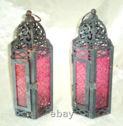 2 Pink Lantern Stained Glass Hanging Candle Holders, Vintage Rustic Colonial