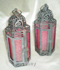 2 Pink Lantern Stained Glass Hanging Candle Holders, Vintage Rustic Colonial