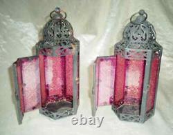 2 Pink Lantern Stained Glass Hanging Candle Holders, Vintage Rustic Colonial
