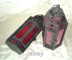 2 Pink Lantern Stained Glass Hanging Candle Holders, Vintage Rustic Colonial
