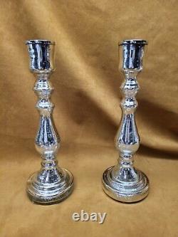 2 Pottery Barn Antique Mercury Glass Pillar Candle Holders Pair 12