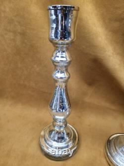 2 Pottery Barn Antique Mercury Glass Pillar Candle Holders Pair 12