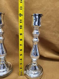 2 Pottery Barn Antique Mercury Glass Pillar Candle Holders Pair 12