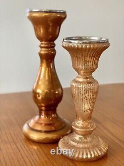 2 Pottery Barn Mercury Glass Pedestal Taper Pillar Holiday Candle Holders RARE