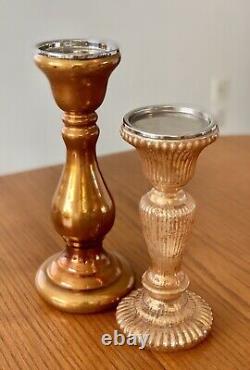 2 Pottery Barn Mercury Glass Pedestal Taper Pillar Holiday Candle Holders RARE