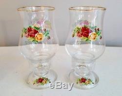 2 Royal Albert Old Country Roses Glass Hurricane Lamps Candlestick Candle Holder