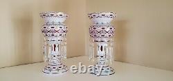 2 STUNNING BOHEMIAN CUT TO CRANBERRY CRYSTAL MANTLE LUSTERS WithPRISMS 13.5 WOW