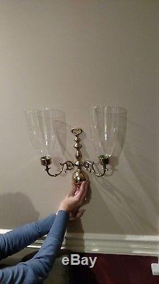 2 Solid Brass Double Arm Wall Sconce Candle Holder Hurricane Glass Shades Globes