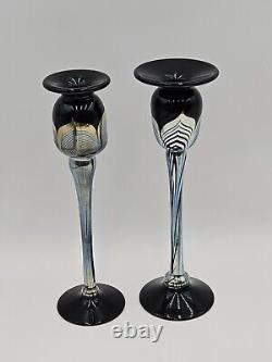 2 Steven Correia Art Glass Pulled Feather Candle Holders 10.5 & 10 Signed