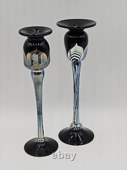 2 Steven Correia Art Glass Pulled Feather Candle Holders 10.5 & 10 Signed