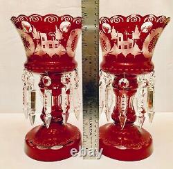 2 Stunning Antq Bohemian Cut Glass Mantle Lusters Lustres Candle Holders Prisms