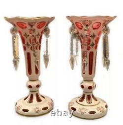 2 Stunning Bohemian Cut To Cranberry Glass Mantle Lusters Candle Holders Prisms