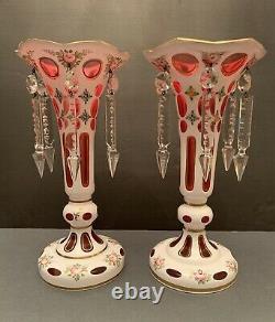 2 Stunning Bohemian Cut To Cranberry Glass Mantle Lusters Candle Holders Prisms