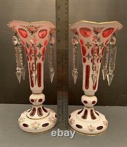 2 Stunning Bohemian Cut To Cranberry Glass Mantle Lusters Candle Holders Prisms
