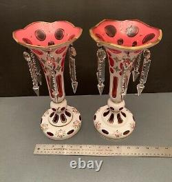 2 Stunning Bohemian Cut To Cranberry Glass Mantle Lusters Candle Holders Prisms