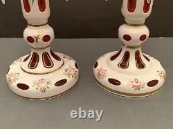 2 Stunning Bohemian Cut To Cranberry Glass Mantle Lusters Candle Holders Prisms