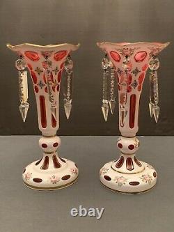 2 Stunning Bohemian Cut To Cranberry Glass Mantle Lusters Candle Holders Prisms