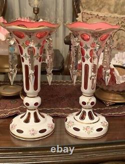 2 Stunning Bohemian Cut To Cranberry Glass Mantle Lusters Candle Holders Prisms