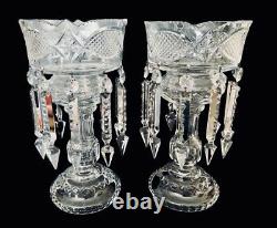 2 Stunning Bohemian Glass Mantle Lusters Lustres Candle Holders 20 Spear Prisms