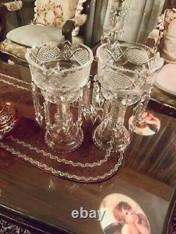 2 Stunning Bohemian Glass Mantle Lusters Lustres Candle Holders 20 Spear Prisms