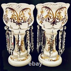 2 Stunning Large Antq W. German Glass Mantle Lusters Candle Holders Spear Prisms