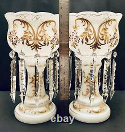 2 Stunning Large Antq W. German Glass Mantle Lusters Candle Holders Spear Prisms