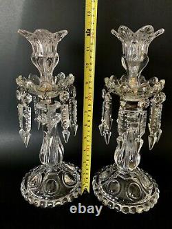 2 Stunning Signed French Baccarat Glass Lusters Candelabra Candlesticks Prisms