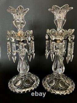 2 Stunning Signed French Baccarat Glass Lusters Candelabra Candlesticks Prisms