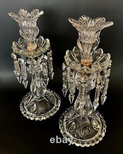 2 Stunning Signed French Baccarat Glass Lusters Candelabra Candlesticks Prisms