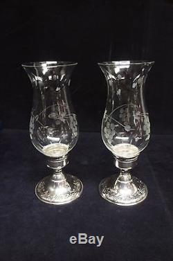 2 Stunning Sterling Silver Etched Glass Hurricane Lanterns Candle Holder Wind