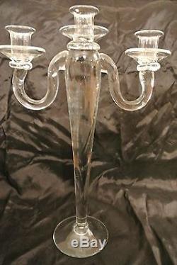 2 Tall Vintage Handblown Clear Glass Candle Holders Triple Candlestick