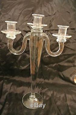 2 Tall Vintage Handblown Clear Glass Candle Holders Triple Candlestick