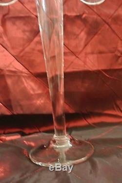 2 Tall Vintage Handblown Clear Glass Candle Holders Triple Candlestick