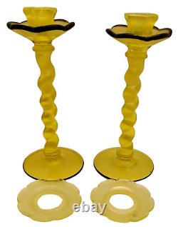 2 US Glass Topaz Twist Bobeche Candle Sticks Holders With Black Trim
