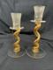 2 Union Street Hand Blown Glass Candle Holders Signed Gold Crackle Vintage