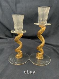 2 Union Street Hand Blown Glass Candle Holders Signed Gold Crackle Vintage
