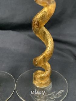 2 Union Street Hand Blown Glass Candle Holders Signed Gold Crackle Vintage