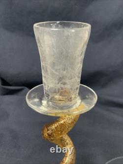 2 Union Street Hand Blown Glass Candle Holders Signed Gold Crackle Vintage