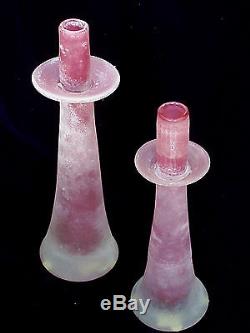 2 VINTAGE MURANO ART GLASS CENEDESE SCULPTURAL PINK SCAVO GLASS CANDLE HOLDERS