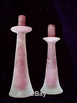 2 VINTAGE MURANO ART GLASS CENEDESE SCULPTURAL PINK SCAVO GLASS CANDLE HOLDERS