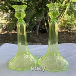 2 Victorian Green Uranium Vaseline Glass 9 Candlesticks Candle Holders XLNT