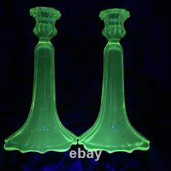 2 Victorian Green Uranium Vaseline Glass 9 Candlesticks Candle Holders XLNT
