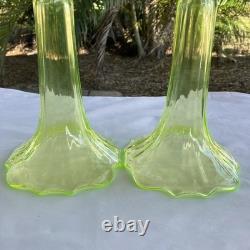 2 Victorian Green Uranium Vaseline Glass 9 Candlesticks Candle Holders XLNT