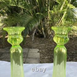 2 Victorian Green Uranium Vaseline Glass 9 Candlesticks Candle Holders XLNT