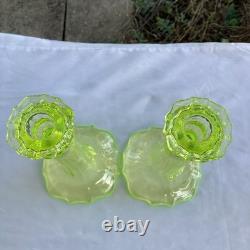 2 Victorian Green Uranium Vaseline Glass 9 Candlesticks Candle Holders XLNT
