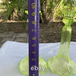 2 Victorian Green Uranium Vaseline Glass 9 Candlesticks Candle Holders XLNT