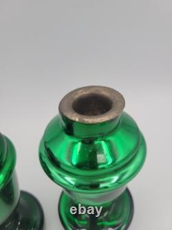 2 Vintage Christmas Green Mercury Glass Candle Holder Candlestick Pair 5.5