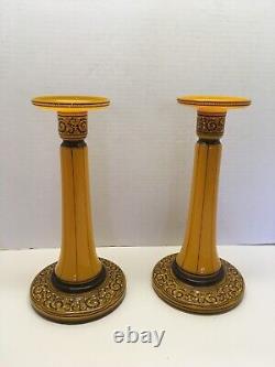 2 Vintage Czech Slovakia Glass Candle Holders Handle Blown Painted Orange Black